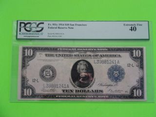 Fr 951c 1914 $10 San Francisco Federal Reserve Note Pcgs Extremely Fine 40 Ten