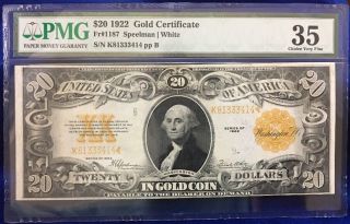 1922 $20 Gold Certificate Pmg Graded 35 Choice Very Fine (fr 1187)