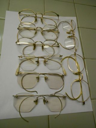8 Pairs Antique Gold Filled Eyeglasses 1/10 12kgf Frames -