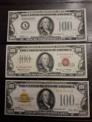 3 Different Seal Colored $100 Notes - 1928 Gold - 1934 - Frn - 1966 $100 Legal (read)
