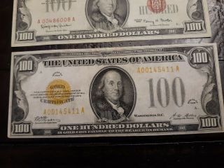 3 DIFFERENT SEAL COLORED $100 NOTES - 1928 Gold - 1934 - FRN - 1966 $100 LEGAL (READ) 4
