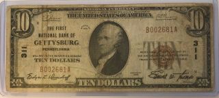 1929 The First National Bank Of Gettysburg Penn.  National Currency $10 Note