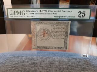 1779 $2 Continental Currency Note Pmg 25 Fr.  Cc - 88dt (counterfeit Detector)