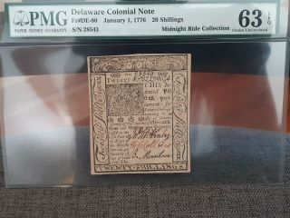 Scarce - 1776 20 Shillings Delaware Colonial Note Pmg 63 Epq Fr.  De - 80
