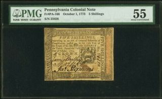Colonial Currency Pennsylvania October 1,  1773 5s Pmg About Uncirculated 55