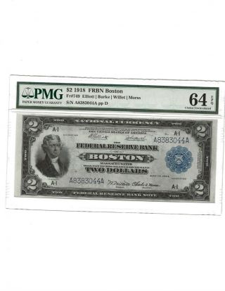 1918 $2 Two Dollar Federal Reserve Bank Note Pmg 64 Choice Uncirculated Epq