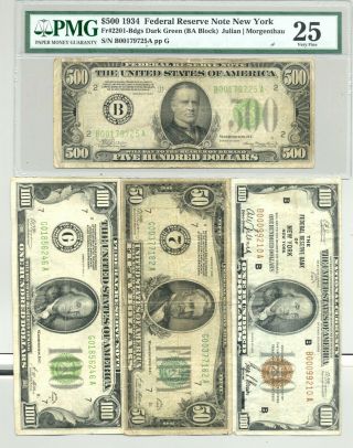 $750 Fv $50 And $100 1928 Frns,  1929 Frbn,  1934 $500 Bill In Pmg Very Fine 25
