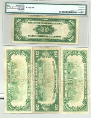 $750 FV $50 and $100 1928 FRNs,  1929 FRBN,  1934 $500 bill in PMG Very Fine 25 2