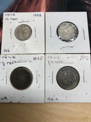 Chile Coins 1835 Medio Centavo 1892 20 Centavo 1907 20 Centavo 1938 10 Centavos