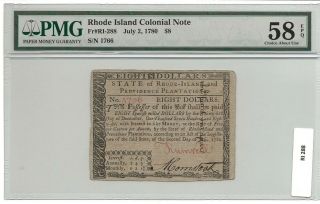 Colonial Rhode Island $8 Note,  1780,  Pmg Choice About Uncirculated 58 Epq