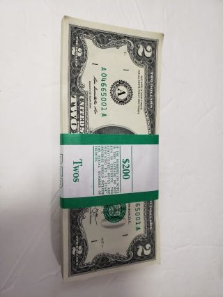 100 $2 Bills Crisp,  Consecutive Two Dollar Notes With Bep Boston Series A