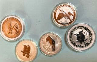 1998,  2001,  2003,  2008,  2011 Kookaburra 1 Oz Silver 5 Coin Set