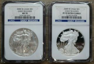 2008 W Silver Eagle Ms/pf 70 Ngc Early Releases - Blue Label