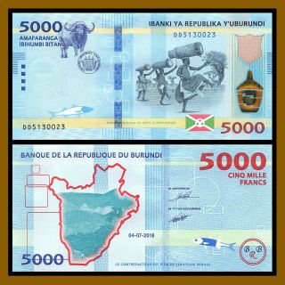 Burundi 5000 (5,  000) Francs,  2018 (2019) P - Buffalo Fish Unc