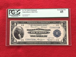 Fr - 721 1918 Series $1 Richmond Federal Reserve Bank Note Pcgs 45 Choice Xf