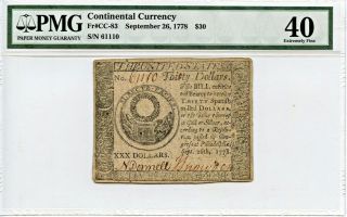 Continental Currency Fr.  Cc - 83 September 26,  1778 $30 Pmg Extremely Fine 40