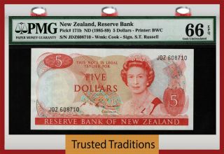 Tt Pk 171b 1985 - 89 Zealand 5 Dollars Queen Elizabeth Ii Pmg 66 Epq Gem Unc