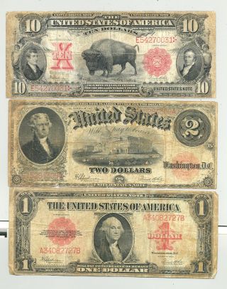 Looking Set $1 1923,  $2 Series 1917 And $10 1901 Bison United States Notes