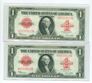 1923 $1 Consecutive Pair Fr 40 Red Seal Large Size United States Note Sharp Xf,