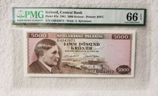 Iceland Central Bank Pick 47a 1961 5000 Kronur Pmg 66 Epq Gem Unc