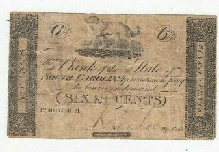 1821 6 1/4 Cent Note Bank Of The State Of South Carolina
