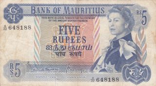 5 Rupees Fine - Very Fine Banknote From British Colony Of Mauritius 1967 Pick - 30c