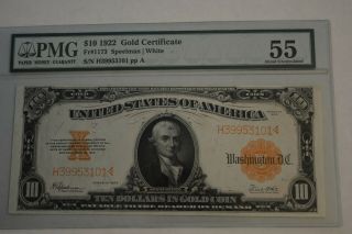 Money Usa $10 Dollar 1922 Gold Certificate Pmg Fr 1173 Graded 55