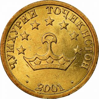 [ 720925] Coin,  Tajikistan,  10 Drams,  2001,  St.  Petersburg,  Ef (40 - 45),  Brass