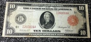 $10 Dollar Jackson Note 1917 Large Note Horse Blanket Red Seal S/n 260004