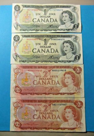 4 Assorted 1973/1974 Bank Of Canada 1 And 2 Dollar Notes.
