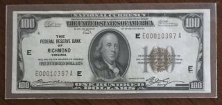 1929 $100 National Bank Note The Federal Reserve Bank Of Richmond Virginia