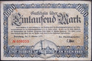 Duisburg 1922 " Steamship On The Rhine " 1000 Mark Early Inflation Notgeld German