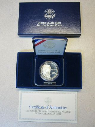 1993 Bill Of Rights Commemorative Proof Silver Dollar,  Case W/coa