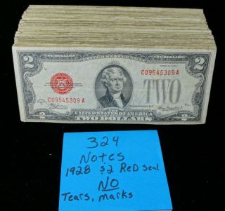 Group Of 324 - 1928 Red Seal $2 Legal Tender Notes No Tears Or Marks
