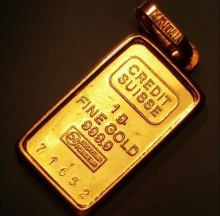 Credit Suisse 1 Gram 24k Gold Bar In 14k Bezel.  Bu Pendant/ingot/charm/exonumia.