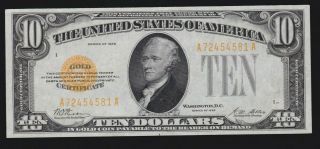 Us 1928 $10 Gold Certificate Fr 2400 Xf - Au (- 581)