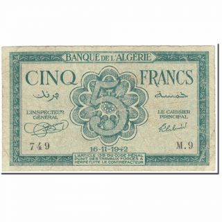 [ 604945] Banknote,  Algeria,  5 Francs,  1942,  1942 - 11 - 16,  Km:91,  Vf (20 - 25)