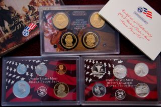 2007 Silver Us Proof Set With 5 State Quarters,  4 Presidential Proof Coins