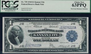 Fr.  739 1918 $1 Federal Reserve Bank Note Kansas City Pcgs 63ppq