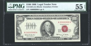 1966 $100 Legal Tender Note Fr - 1550,  Low Serial Number,  Certified Pmg - Au - 55 - Epq