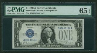 1928 - A $1 Silver Certificate,  Low Serial Number Fr - 1601 Certified Pmg Gem 65 - Epq
