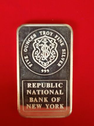 Republic National Bank Of York 5 Troy Ounce.  999 Silver Bar By J M 003412