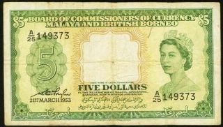 Malaysia Malaya And British Borneo 1953 5 Dollars Serial Number A/25 149373