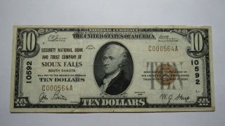 $10 1929 Sioux Falls South Dakota Sd National Currency Bank Note Bill 10592 Vf