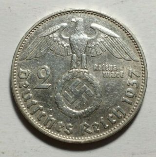 1937 - D Germany 2 Reichmark 62.  5 Silver | Swastika - Hindenburg Coin (nazi)