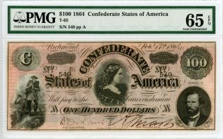 1864 T - 65 $100 Confederate States Of America Note - Civil War Era Pmg Gem 65 Epq