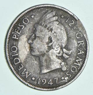 World Coin - 1947 Dominican Republic 1/2 Peso - World Silver Coin 12.  2g 937