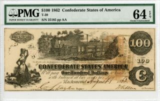 1862 T - 39 $100 Confederate States Of America Note - Civil War Era Pmg 64 Epq