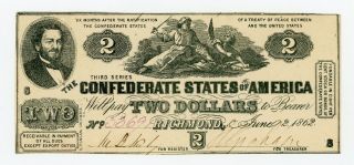 1862 T - 42 $2 The Confederate States Of America Note - Civil War Era Ch.  Au