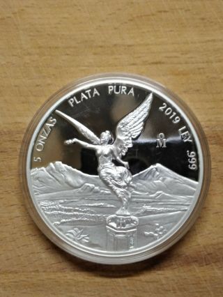 2019 5 Oz Silver Mexican Libertad Proof Coin.  999 Fine Silver In Capsule